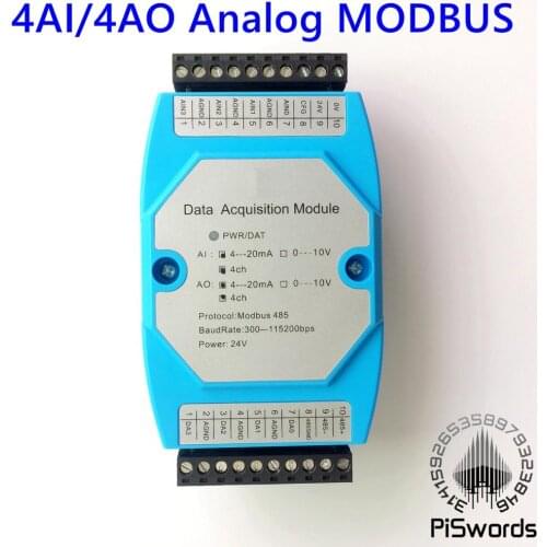 Analog Input and Output Module 4 Channels 12 bit AD/DA Isolated 4AI / 4AO RS485 MODBUS Protocol Communication RS485 to Ethernet