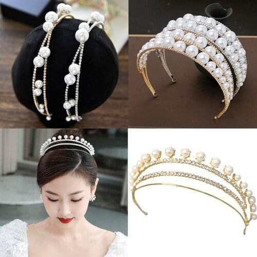Pearls Rhinestones Bride Hairbands Fashion Elegant Princess Crown Hair Hoop for Women Wedding Party Hair Ornaments Accessories