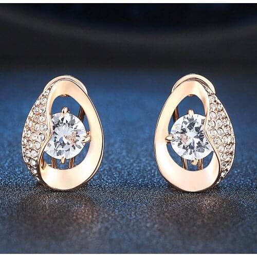 Luxury Crystal WaterDrop Shaped Clip Earring For Women AAA+CZ Rose Gold Color Fashion Jewelry Gifts For Mother E348