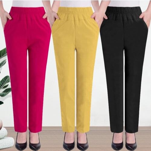 High-waist Womens Trousers Plus size Summer Thin Loose Middle-aged Mother Casual Pants White Female Cotton Ankle length Pants