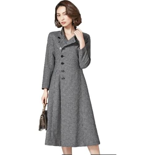 Plaid Windbreaker Fashion Woolen Coat Women Autumn Winter Longer Single-breasted Slim Woolen Jacket Womens Elegant Windbreaker