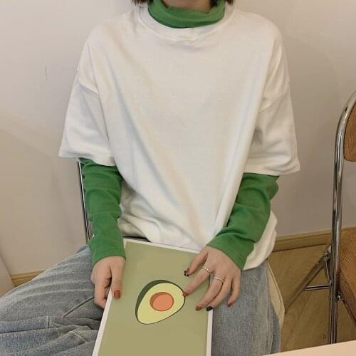 Harajuku Two-piece Ladies Tops Tee Loose Patchwork Long Sleeve Female Summer T Shirt Casual Women Preppy Style Turtleneck Tshirt