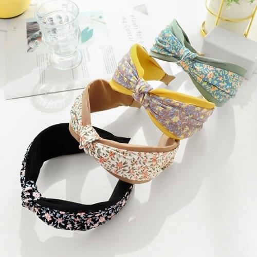 Floral Color Matching Knotted Headband For Women Korean Fresh Color Green Yellow Black Wide-Sided Fashion Head Wrap Accessories