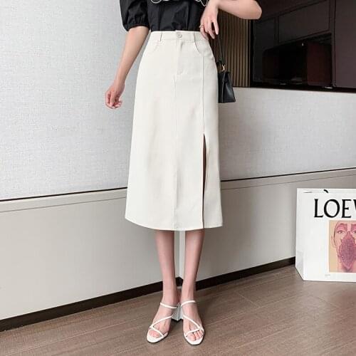 Spring summer New Hong Kong Style Split fork Skirt Womens Mid-Length High Waist Slimming Skirt 2021 woman skirts