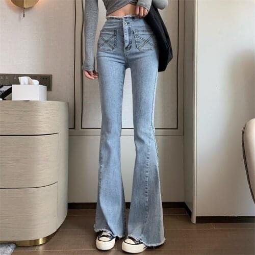 Slim Fit Flared Jeans Girls Skinny Pants Female Clothes Spring Summer Mid Waist Casual Streetwear Women Washed Denim Trousers