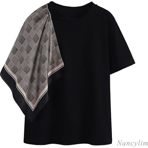 Womans Scarf Stitching Diamond Pure Cotton Loose Short Sleeve T Shirt 2021 Summer Clothing New All-Match Tops White Black