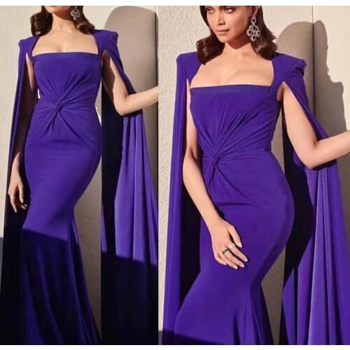 Middle East Long Square Collar Satin Evening Dresses with Cape Floor Length Zipper Back Purple Formal Party Dress for Women