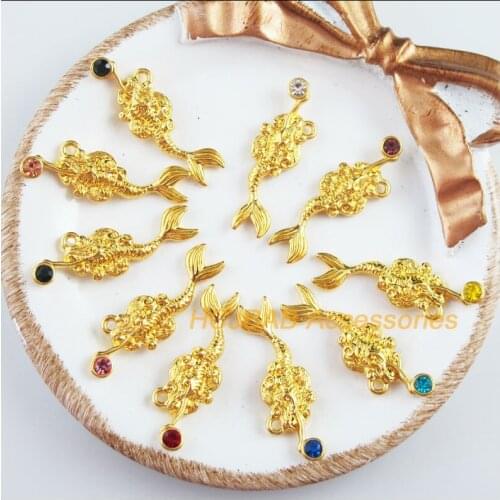 10 New Animal Mermaid Charms Gold Color Mixed Crystal Pendants 10.5x32mm