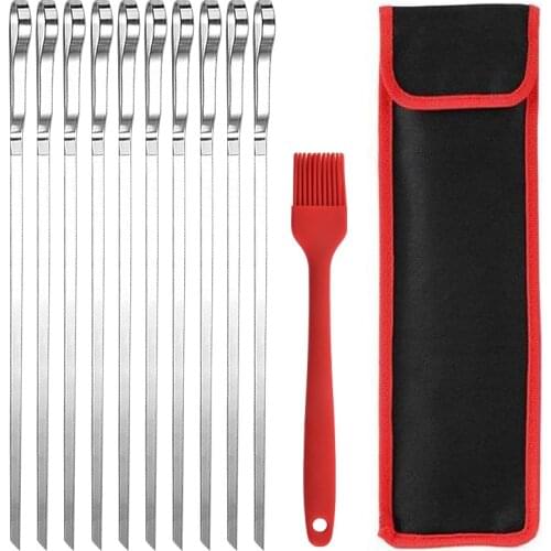 10Pcs Grill Skewers with Bag and Oil Brush,43cm Flat Stainless Steel Grill Skewers,for Outdoor and Garden Barbecues
