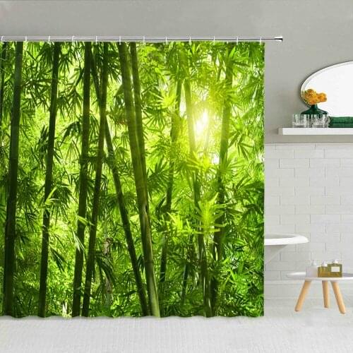 Bamboo Forest Sunny Scenery Shower Curtain Spring Green Trees Wall Decoration Bathroom Screen Waterproof Fabric Hooks Curtains