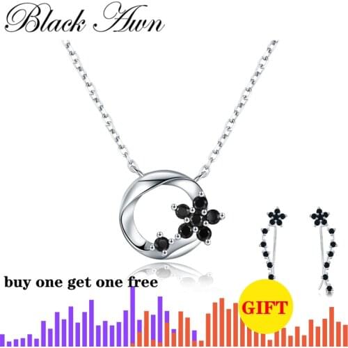 [BLACK AWN] Classic 925 Sterling Silver Jewelry Necklace for Women Flower Black Spinel Round Necklaces Pendants K036