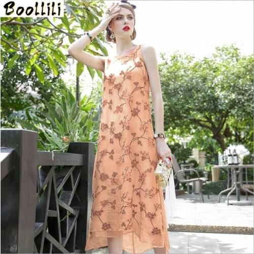 Boollili Summer Dress Real Silk Dress Women Korean Embroidery Midi Beach Dress Elegant Vintage Party Dress Vestidos Mujer