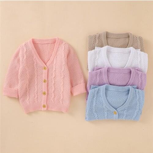 Blotona Cute Baby Boys Girls Solid Color Knitted Cardigan, Long Sleeve V-neck Single Breasted Warm Coat for Spring Autumn, 0-18M