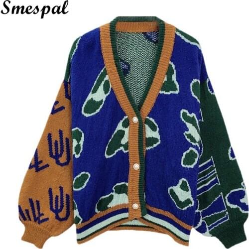 Oversized Cardigan Women Winter Vintage Sweater Fashion Contrast Colour Plus Size Knitted Coat