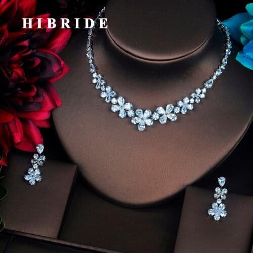HIBRIDE Beautiful Flower Design CZ Stone Jewelry Sets For Women Bride Necklace Set Wedding Bride Dress Accessories Gifts N-377