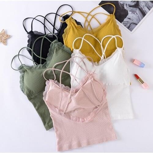 Women Tanks Crop Tops Sexy Lingerie Camis Top Beauty Back Vest Cross Strap Seamless Underwear Lace Padded Camisole Femme
