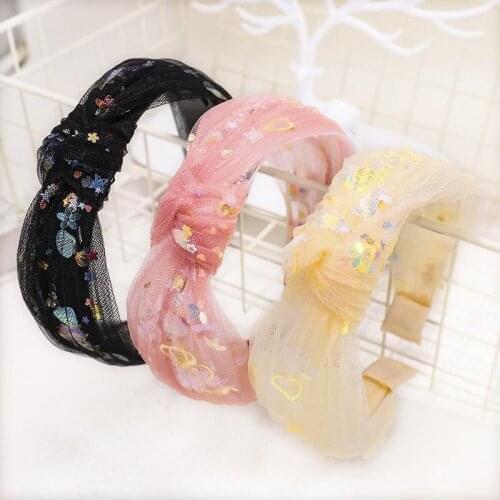 Student fashion all-match net yarn sequins love knotted lace headband headdress