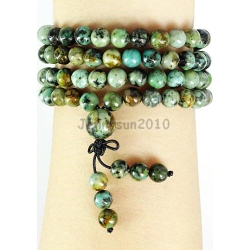 Natural African Tur-quoise 6mm Gems Stone Buddhist 108 Beads Prayer Mala Multi-Purpose Stretchy Bracelet Necklace 5Strands/Pack