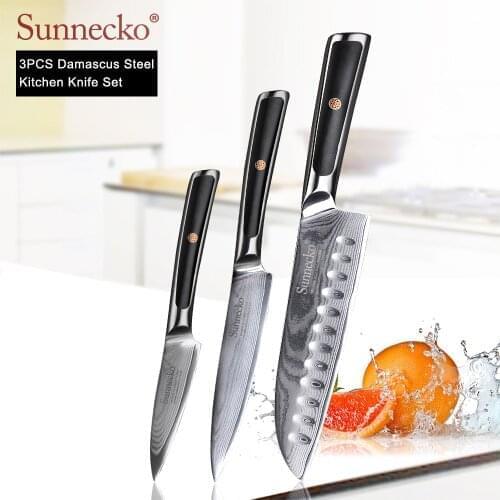 SUNNECKO New 3PCS Kitchen Knives Set Santoku Utility Paring Knife Japanese VG10 Core Damascus Steel Blade G10 Handle Meat Cutter