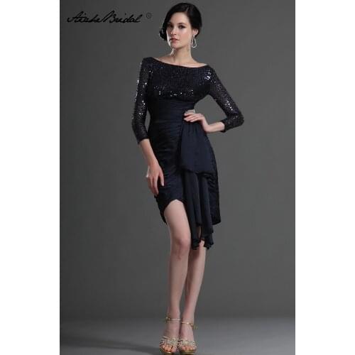 Formal Womens Dress Short Elegant 3/4 Sleeve Navy Blue Chiffon and Sequin Mother of the Bride Dress