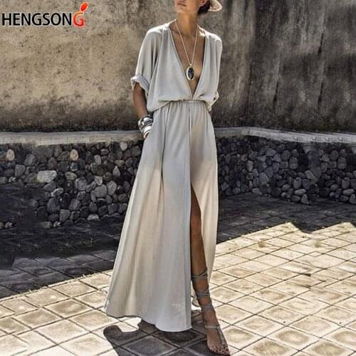 Elegant Maxi Dress Female Casual Loose Beach Dress Ankle-Length Empire V-Neck Long Split Dresses Vestidos Women