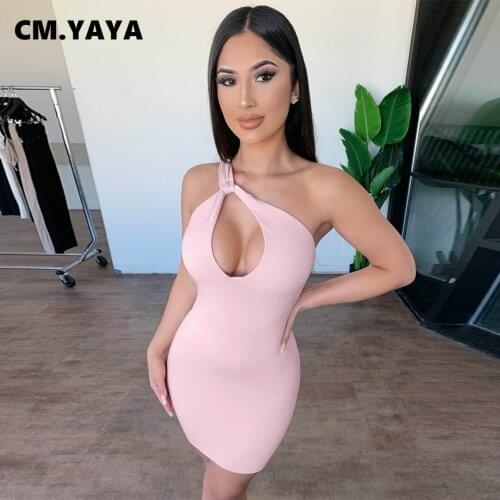 CM.YAYA One Shoulder Skew Neck Sleeveless Cut Out Bodycon Womens Dress Sexy Night Party Midi Mini Dresses