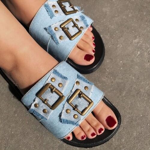 Studs Metal buckle denim slippers women sandals big size 36-41 rivets slides flip flops elevated summer jeans shoes woman 2021