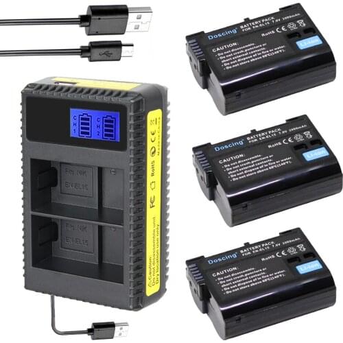 3Pcs EN-EL15 ENEL15 EL15A Batteries + LCD Dual USB Charger for Nikon D600 D610 D600E D800 D800E D810 D7000 D7100 d750 V1