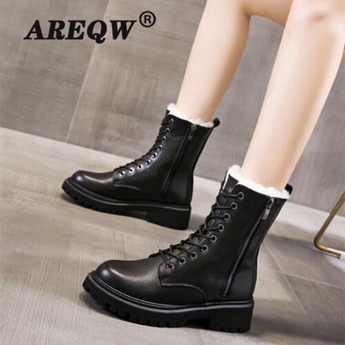 Winter Leather Boots Women Platform Oxford Sole Lace-Up Zipper Female Plush Boot Shoe Increase Height Lady Black