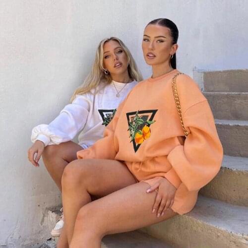 Two-Piece Set Autumn Printed Loose Long Sleeve Pullover Sweater + Tied Elastic Waist Shorts Solid Color Womens Leisure Suit