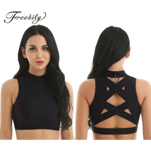Fashion Women Female Dance Ballet Crop Top Sleeveless Mock Neck Criss Cross Back Tanks Bra Tops for Ballet Dance Yoga Sports Bra