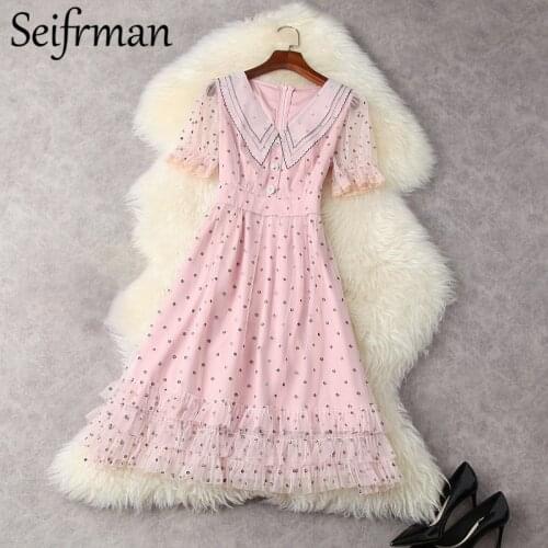 Seifrmann New 2021 Summer Women Fashion Runway Mesh Dress Flare Sleeve Ruffles Dot Print Ladies Elegant A-Line Dress Vestidos