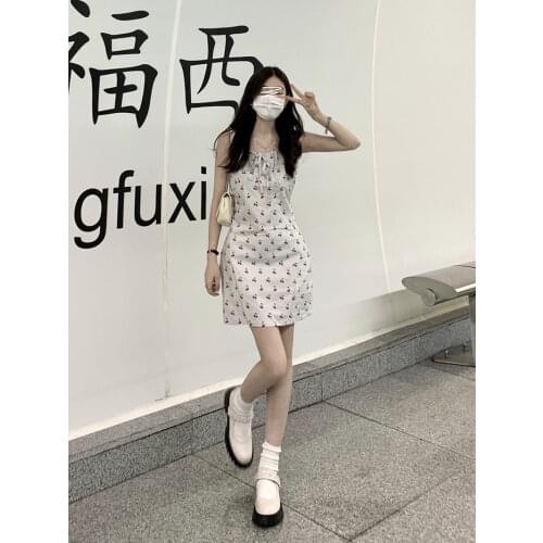 Little cherry French waist strap dress women