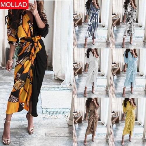 2021 AliExpress Hot Summer Long-Sleeve V-neck Buttons Printed Dress Long Dress Womens Dress