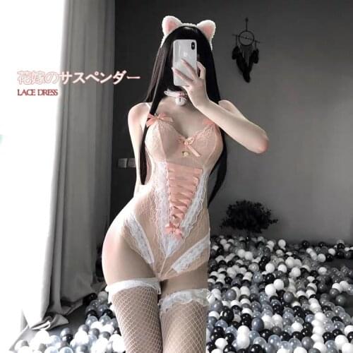 Women Sexy Lingerie Cute Bodysuit Sleepwear Floral Lace Crotchless Erotic Lingerie Bodysuit Black Pink V Neck Babydoll Lenceria