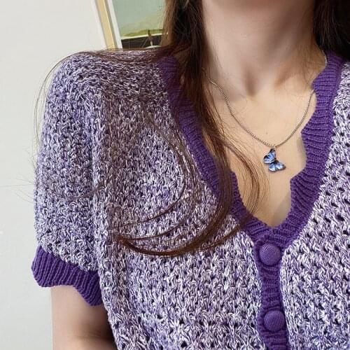 New Purple Blue Butterfly Pendant Necklace for Women Vintage Titanium Steel Wedding Necklace Choker Jewelry Accessories