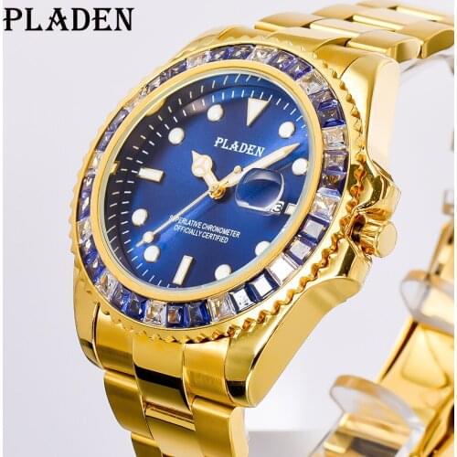 PLADEN Classic Mens Watches Gold Luxury Quartz Wristwatch Auto Date High Quality Sapphire Glass Male Clock Diamond saat Erkek