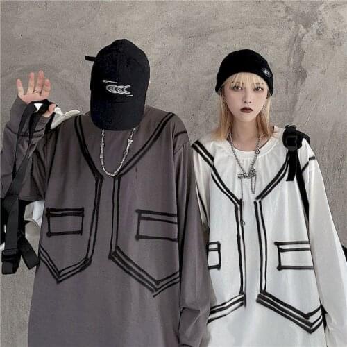 High Street Couple Oversized T-shirt Graffiti Printed Long Sleeve Autumn Creative Large Size Tshirt Loose Neutral Base Women Top