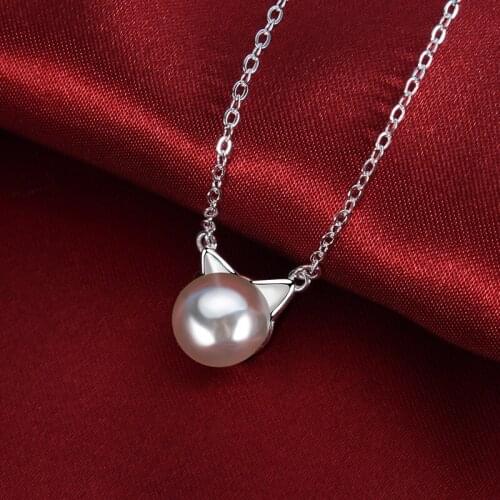 Cute Cat Design 18KGP Titanium Steel Pearl Necklace Female Pendant Women Choker Silver Color Chain Jewelry Best Gift
