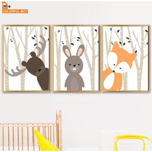 Rabbit Fox Bear Forest Nursery Wall Art Canvas Painting Nordic Posters And Prints Wall Pictures Girl Boy Baby Kids Room Decor