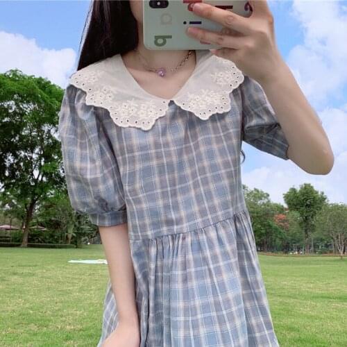 Summer Sweet Doll Collar Puff Sleeve Dress New Japanese Students Loose Plaid Platycodon Grandiflorum victorian lolita dress