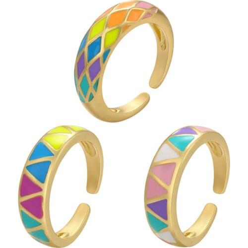 Trendy Rainbow Enamel Dripping Oil Zircon Opening Ring for Women, Geometry Style Engagement ring, summer wedding Jewelry Gift