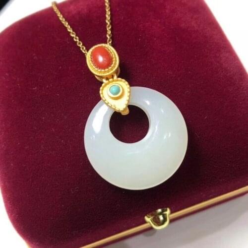 New silver inlaid natural Hetian white jade ring pendant necklace Chinese style retro niche design charm womens brand jewelry