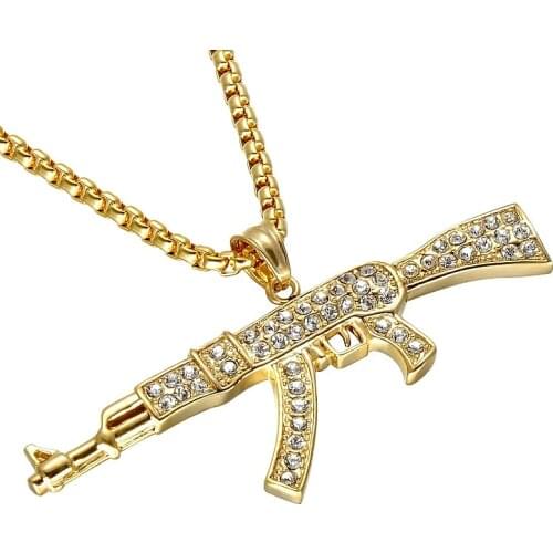 HIP Hop Iced Out Full Rhinestone CSGO CS GO AK47 Gun Pendant Necklaces Bling Gold Color Stainless Steel Necklace for Men Jewelry