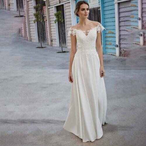 Latest Off Shoulder Women Wedding Dress Short Sleeve Chiffon A Line Key Hole Back Bridal Gowns vestido de noiva Sweep Train