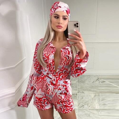 Red Print Casual Three Piece Sets 2021 Summer Long Sleeve Blouse Top and Mini Shorts Party Sexy Matching Sets Beach Style Outfit