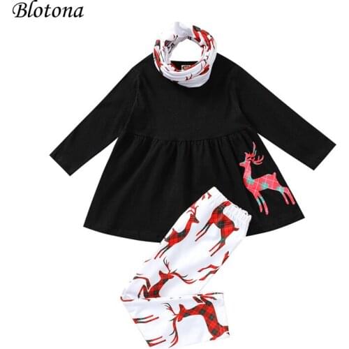 Blotona Toddler Girl 3Pcs Christmas Outfits, Long Sleeve Reindeer Tops + Pants + Loop Scarf Set, 6Months-4Years