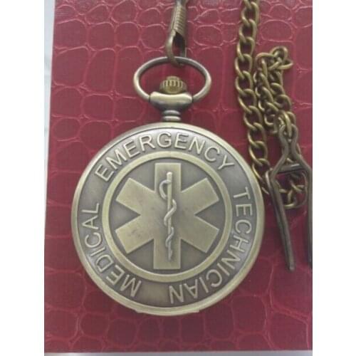 Vintage bronze US MEDICAL EMERGENCY TECHNICIAN pocket watch necklace pendant Mens watches gifts