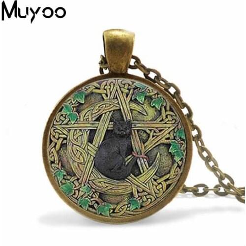 Vintage Glass Dome Pendant Black Wicca Pendant Necklace Magical Pentagram Wiccan Black Cat Jewelry Charm HZ1