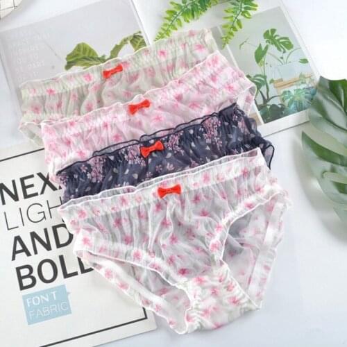 Womens Cotton Briefs Japanese Cute Underwear Transparent Floral Lingerie Femme Seethrough Funny Panties Kawaii Briefs Panty New
